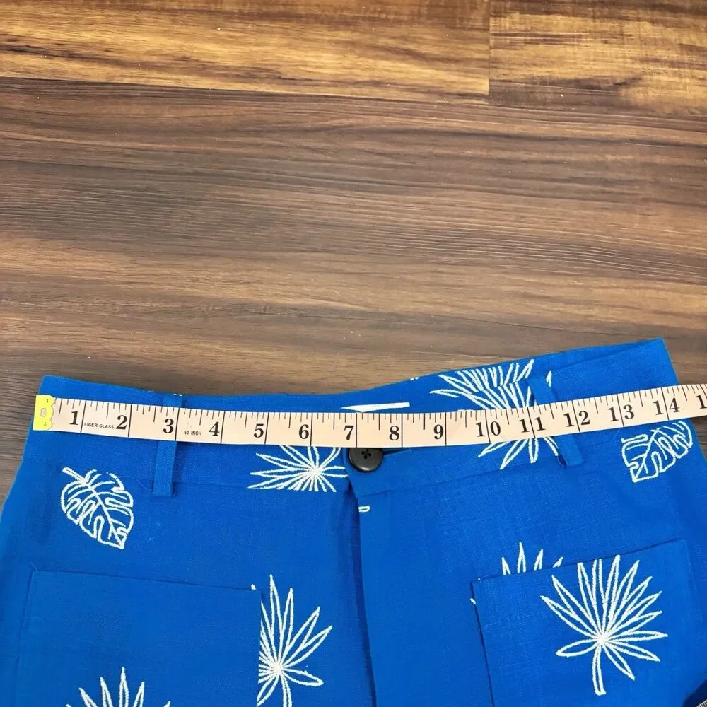 Zara Sz Small Blue Wide Leg Palm Leaf Embroidered Culottes Pants Trousers